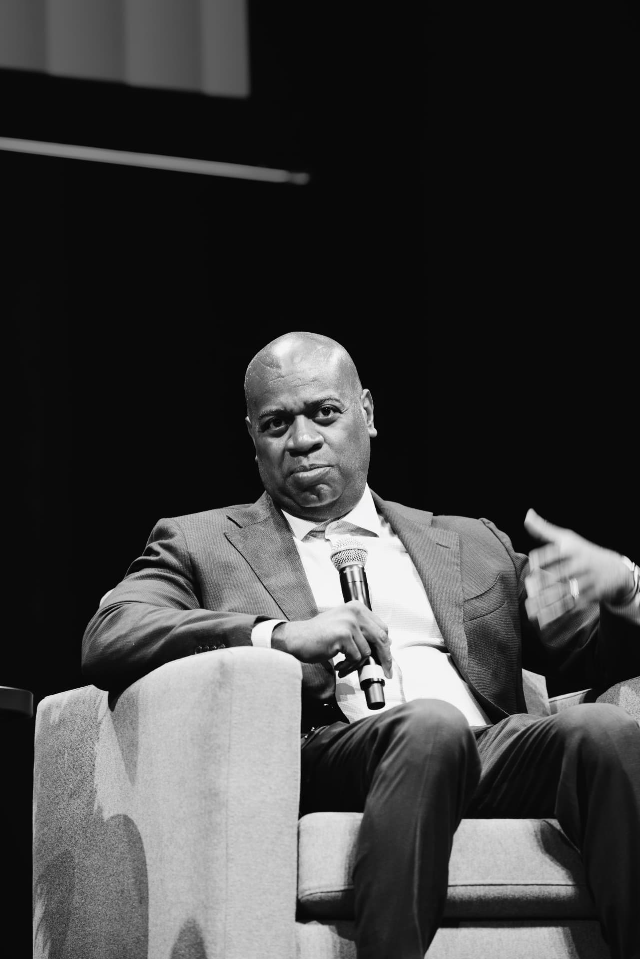 Newark mayor speaking on stage at ViewerCon 2026, black and white